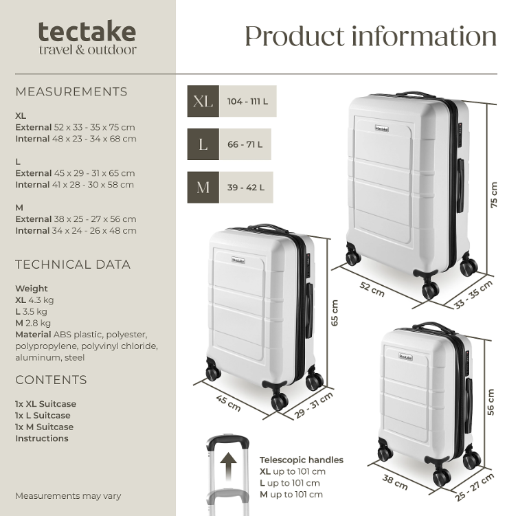 tectake Brice Kofferset 3-delig – L, M & S – ABS – 360° Wielen – TSA-slot – Wit
