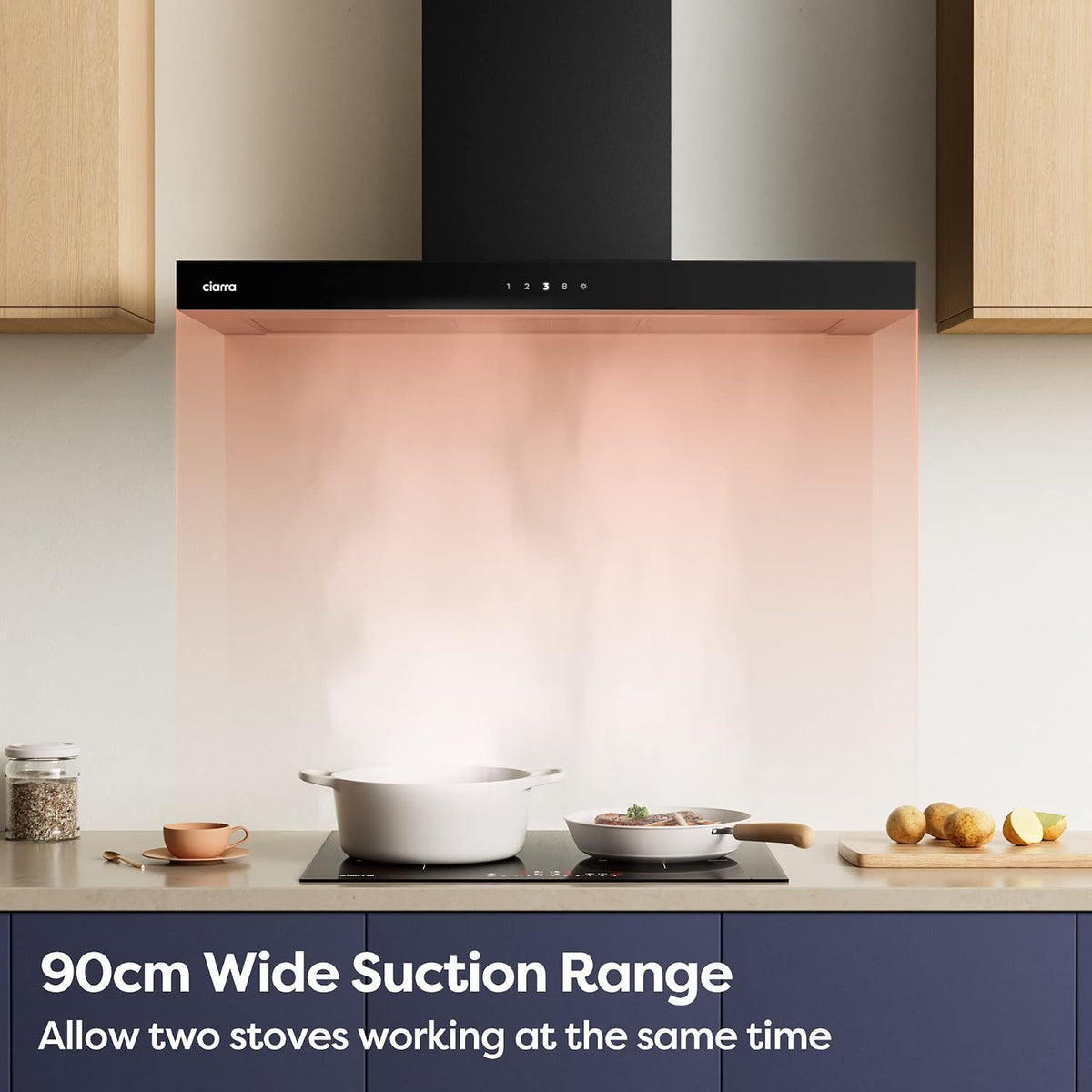 Ciarra CBCB9102 Afzuigkap 90 cm - 650 m³/h - 4 Snelheden met Booster - Wifi & Touch Control - Recirculatie - Zwart