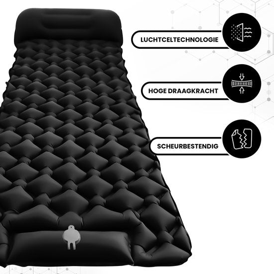 Outbee Slaapmat Zelfopblazend - Luchtbed Met Ingebouwde Voetpomp & Hoofdkussen - 1 Persoons - Zelfopblaasbaar Slaapmat - Luchtmatras Incl. Draagzak - 195x60x5 cm - Zwart
