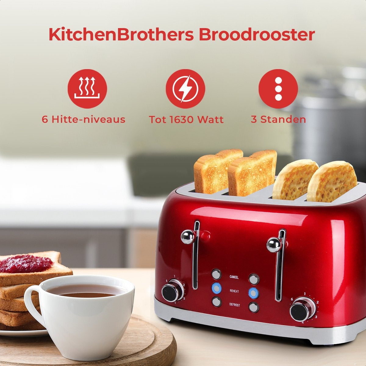 KitchenBrothers Retro Broodrooster - 6 Warmteniveaus - 4 Extra Brede Sleuven - 1630W - Reheat en Ontdooi-functie - Rood