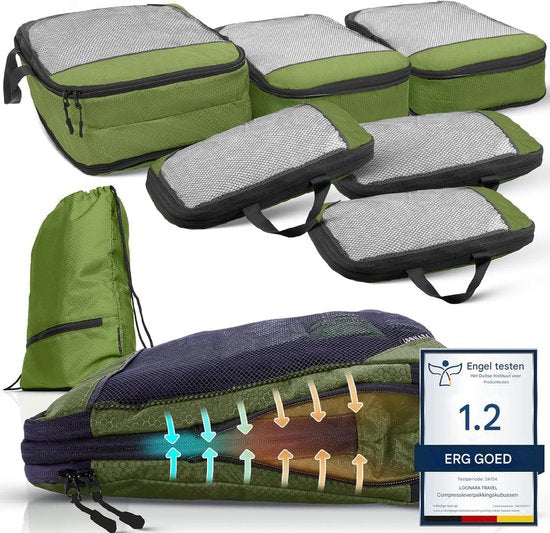 Packing Cubes met compressie voor koffer en rugzak incl. pakzak, Olive Odyssey - Groen