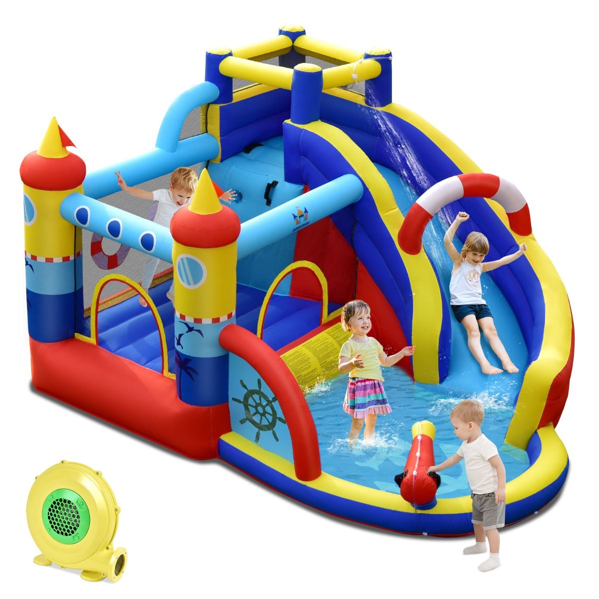 Coast Opblaasbaar Speelkasteel Piratenschip - 5-in-1 Waterpark met Glijbaan en Klimwand - Inclusief Waterpistool en Ventilator - 360 x 290 x 200 cm