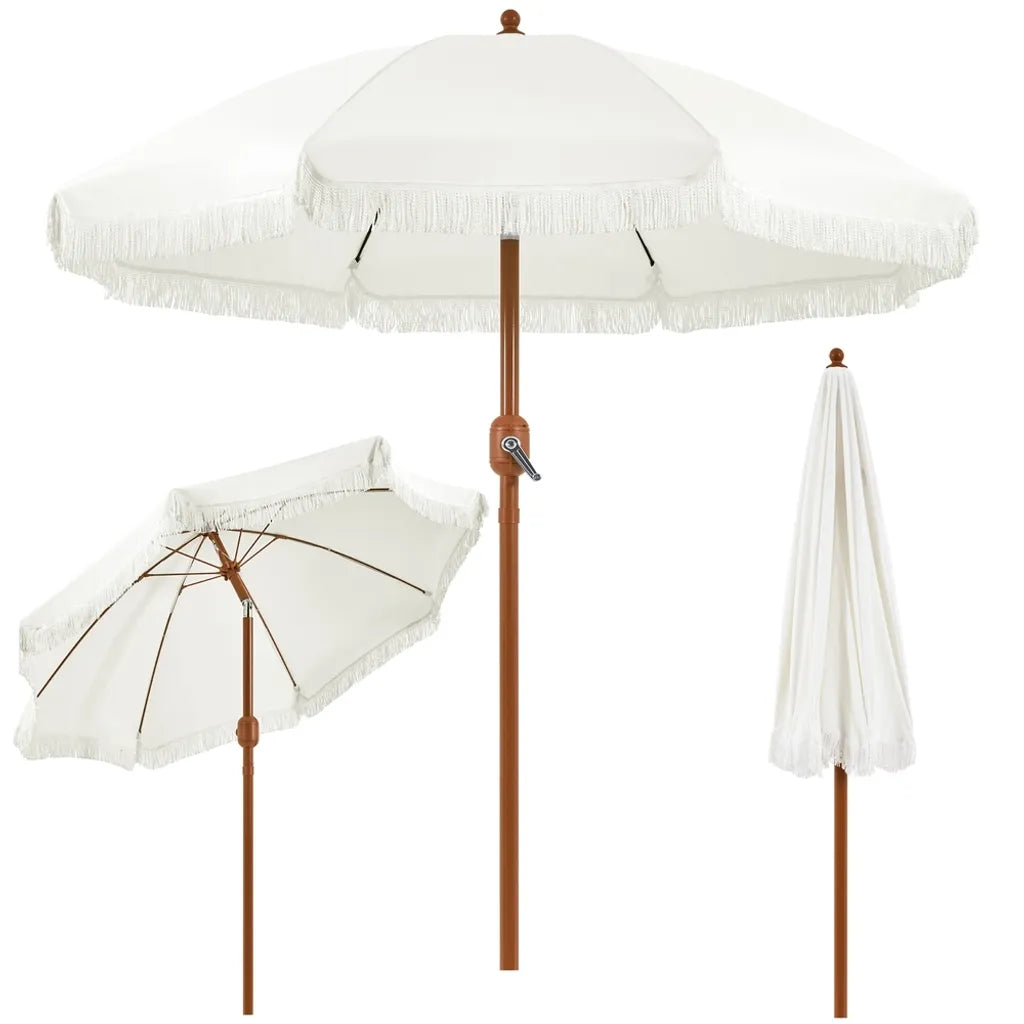 Yaheetech Parasol - Met Franjes - Kantelbaar - Met Zwengel - Ø215 cm - Crèmewit - Retro Design