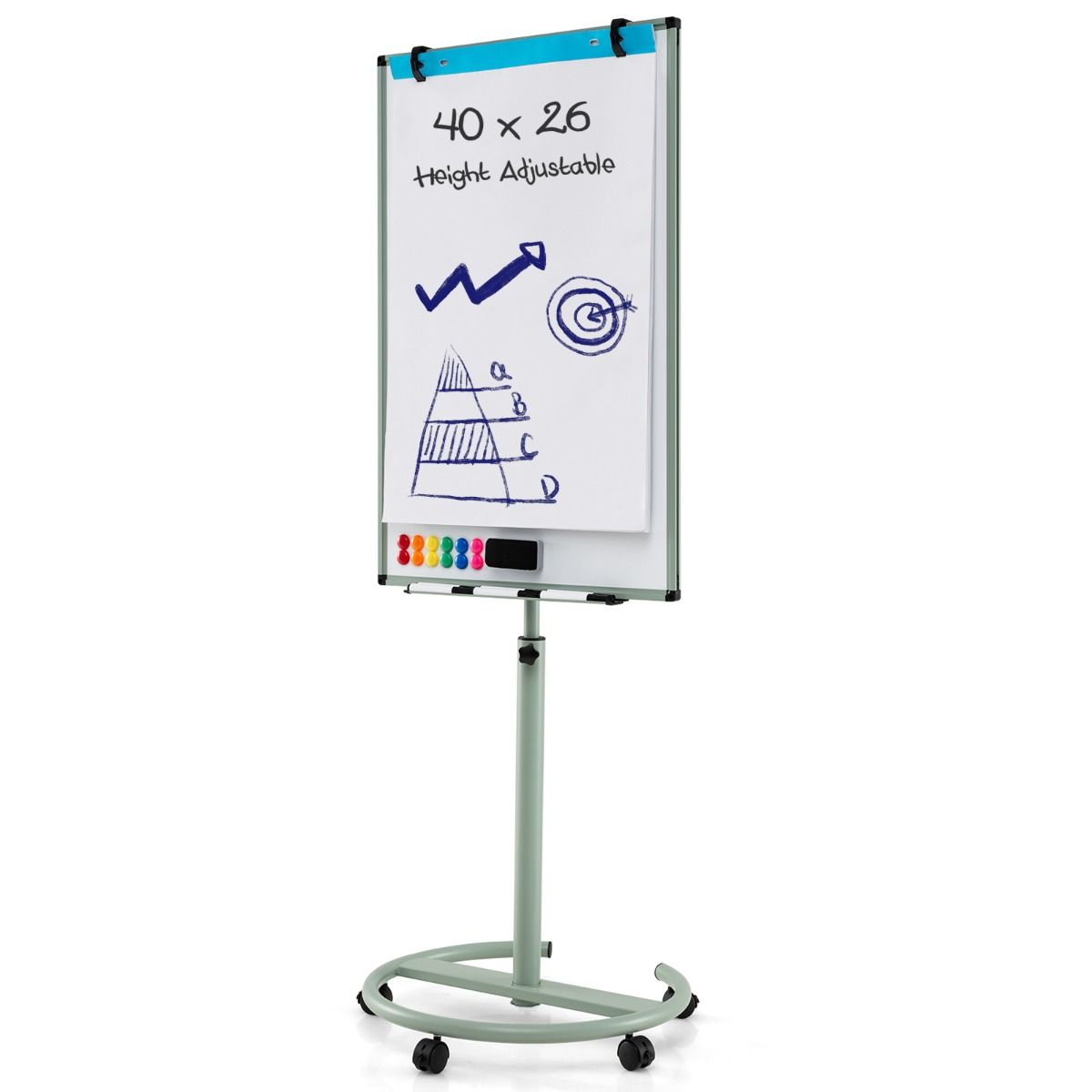 Coast Verrijdbaar Whiteboard met Magneten en Markers - In Hoogte Verstelbaar - Groen - 100 x 65 cm
