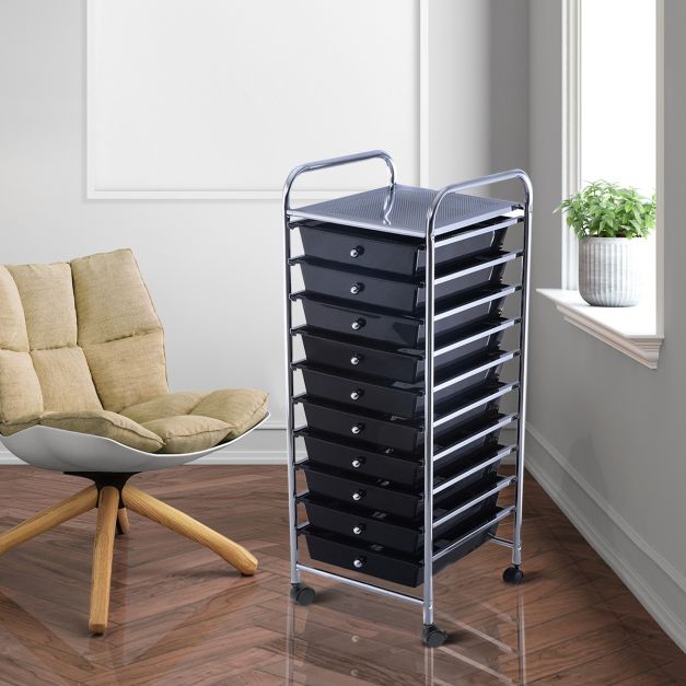 Coast Opbergwagen – 10 Lades & Bovenplank – 32,5 x 37 x 86 cm – Zwart