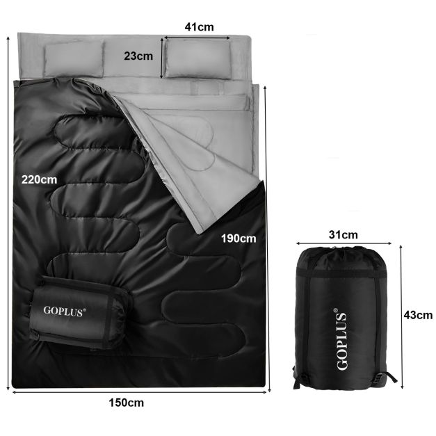 Coast Dubbele Slaapzak met 2 Kussens - 2 Persoons - met Draagtas - Waterdicht - 220 x 150 cm - Zwart