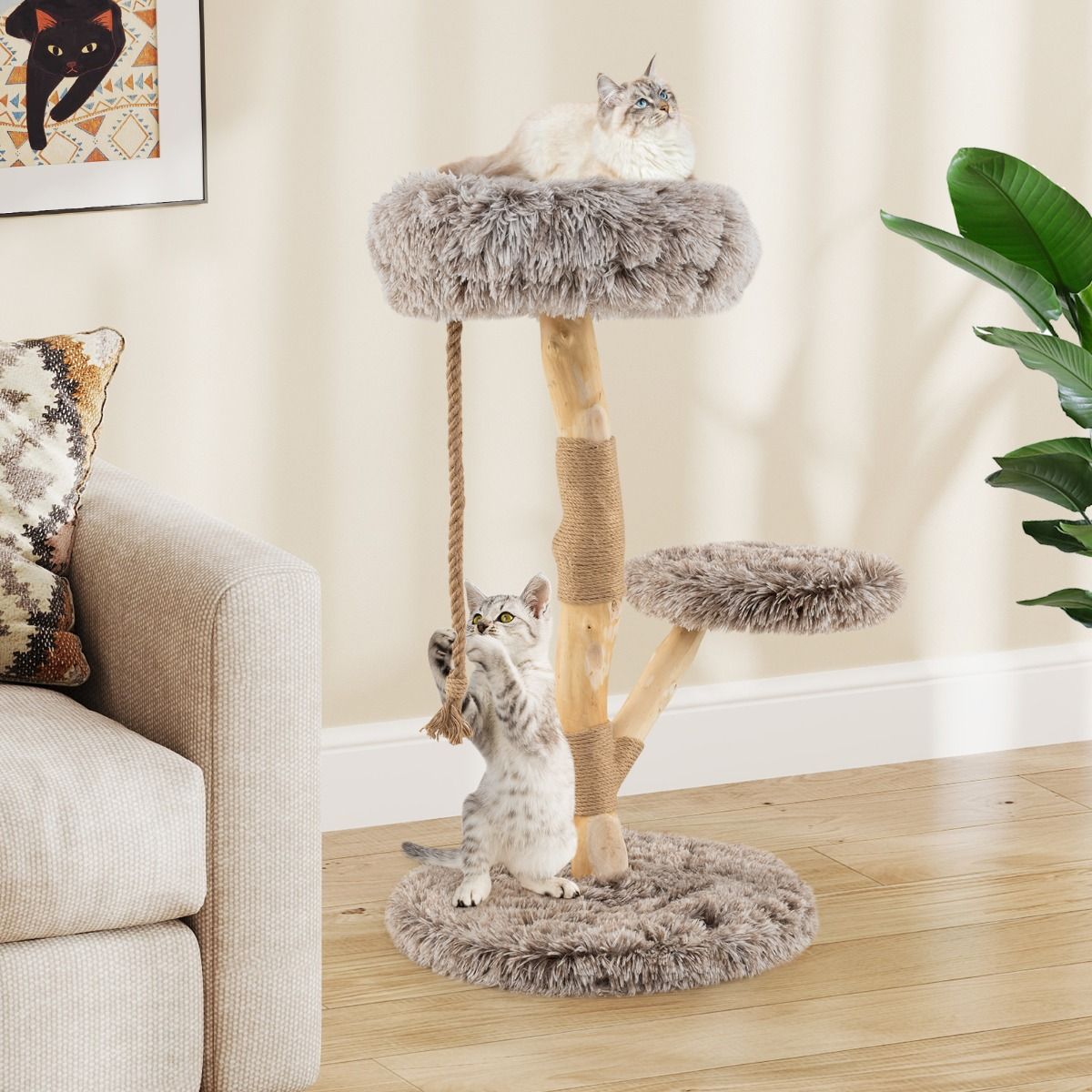 Coast Krabpaal voor Katten - 3 verdiepingen - perenhout en jute - lichtgrijs en beige - 90 cm