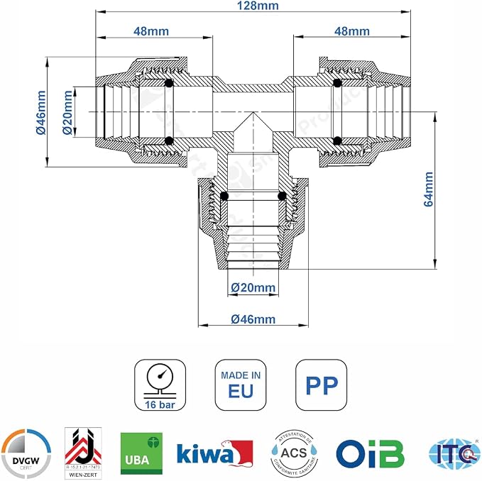 SmartProduct PE T-stuk Koppeling - 20 x 20 x 20 mm - PN16 - DVGW Drinkwater Gecertificeerd - PP - Zwart/Blauw