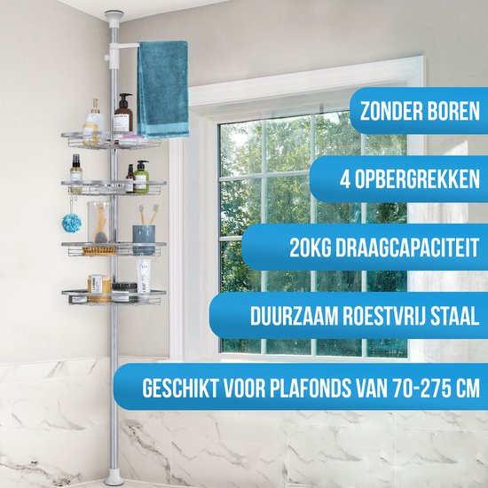 Strex Telescopisch Doucherek RVS - Verstelbaar 70-275 cm - 4 Mandjes - Robuuste Kwaliteit - Bevestigen zonder Boren of Schroeven - Telescopisch Douche Rek Hoek