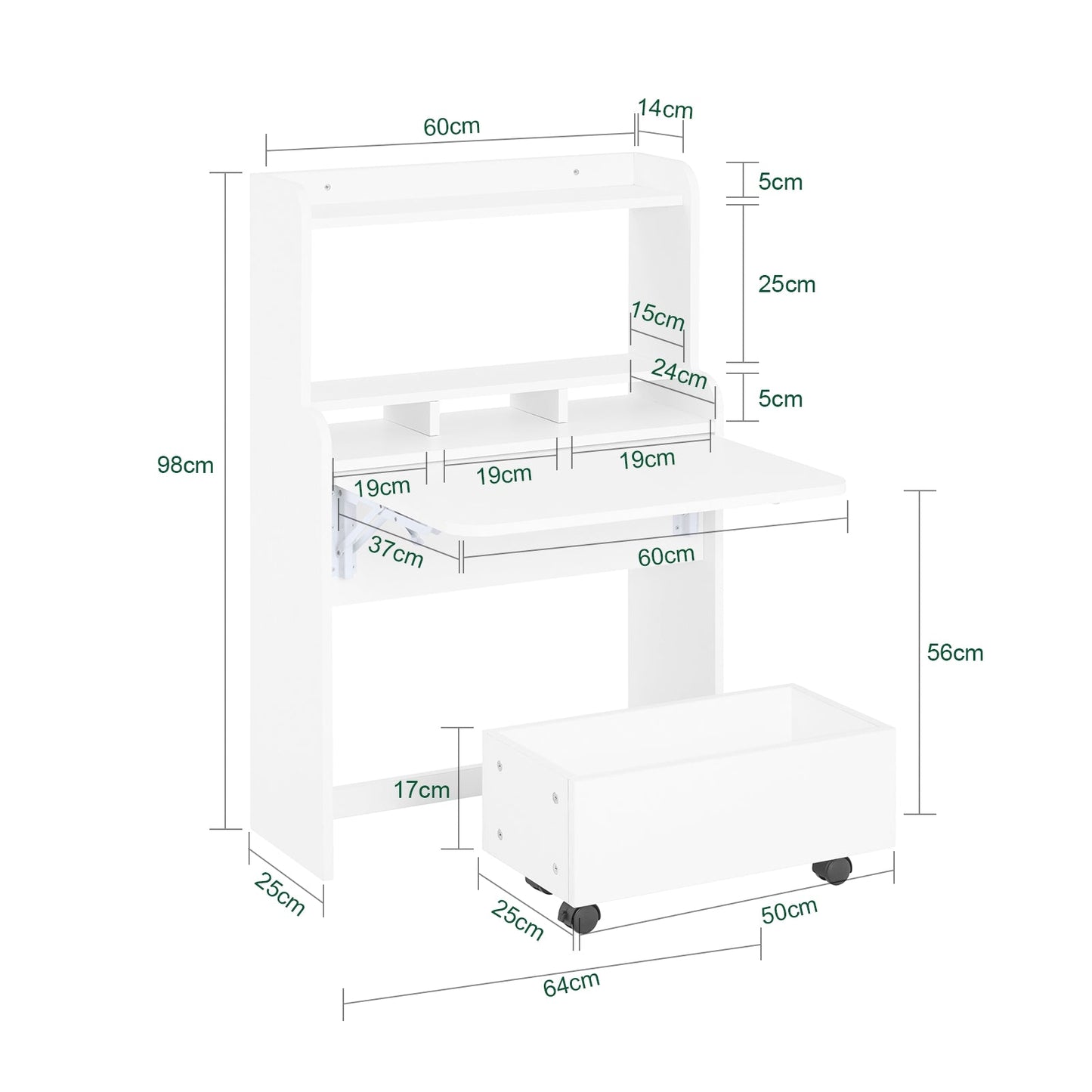 SoBuy Opklapbaar Bureau FWT105-W - 64 x 62 x 98 cm - Wit
