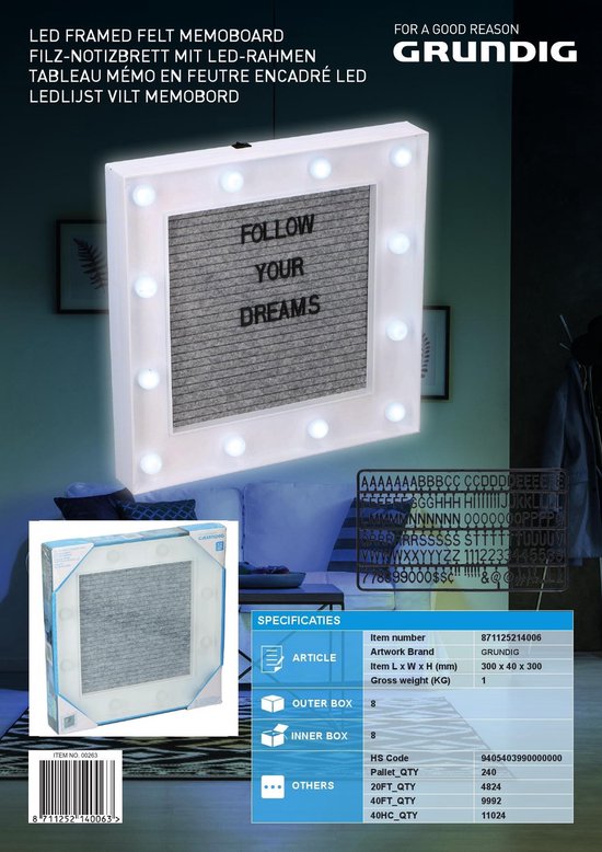 Grundig memobord - 150 letters - Vilt - LED - 30x30cm
