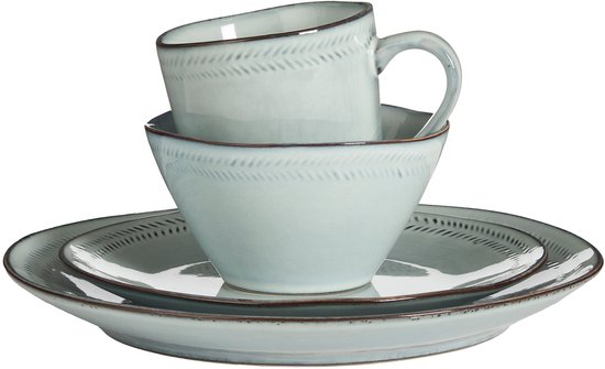 Mica Decorations Racco Serviesset 16-Delig - 4 Persoons - Ontbijtborden, Kommen en Mokken en Dinrborden - Steengoed Servies - Vaatwasserbestendige Servies Set - Lichtgrijs