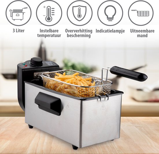 alpina Friteuse - Frituurpan - 3 Liter - 2000 Watt - Roestvrij Staal - Met Thermostaatknop
