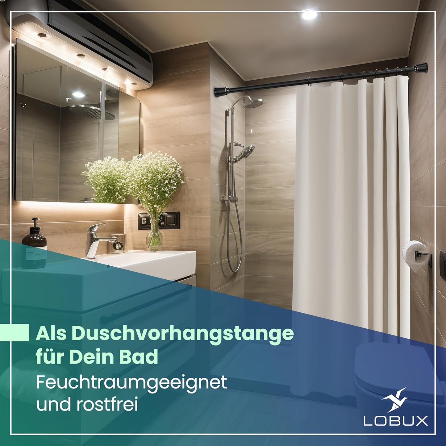 LOBUX® - Gordijnstang zonder boren [zwart, 110-250cm] - telescopische stang gordijn uitschuifbaar - douchestang zonder boren - gordijnstang, douchegordijnstang, kledingstang, klemstang kattennet
