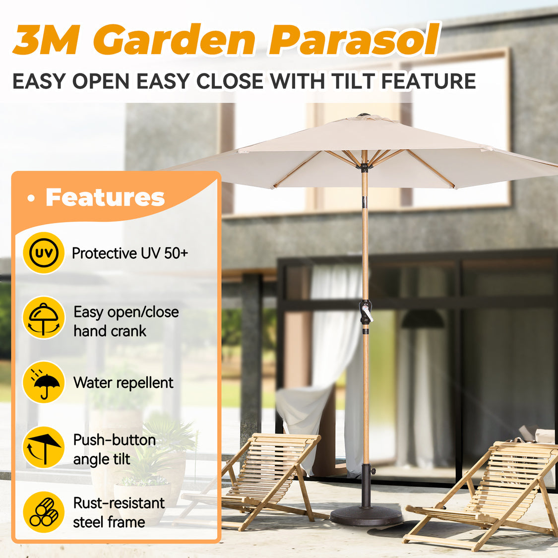 Angel Living Parasol Ø 300 cm - Rond Kantelbare Tuinparasol met Zwengel - Aluminium en Polyester - UV50+ - Waterafstotend - Cremegeel