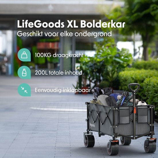 LifeGoods Bolderkar XL - 200L - Opvouwbaar - 100KG - Bolderwagen - Beschermhoes - Grijs