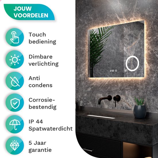 Mirlux Badkamerspiegel met LED Verlichting & Verwarming – Rechthoekige Wandspiegel – Anti Condens Douchespiegel - 80x60CM