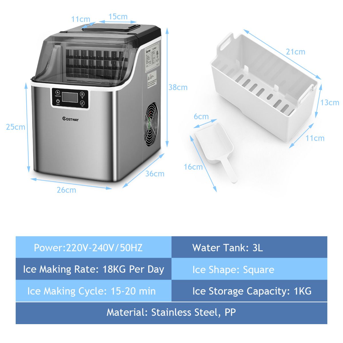 Coast Aanrecht Ijsmaker – 26x36x38 cm – Zilver – Elektrische Ijsmachine met Zelfreiniging, 18KG/24u, 24 Vierkante IJsblokjes per 15 min