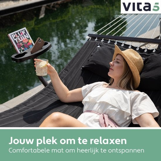 Vita5 Hangmat met Standaard en Spreidstok – 2 Persoons - Incl. Bekerhouder en Afneembaar kussen – UV-bestendig – Zwart
