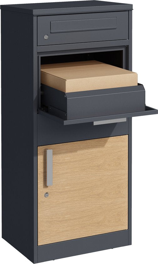 AXI Levi Pakketbrievenbus van Metaal Antraciet/Houtlook – Pakketbox voor meerdere pakketjes – Inclusief slot en apart vak voor post – 50,6 x 38,3 x 112 cm