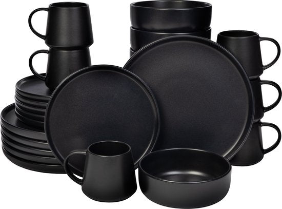 Deleca Serviesset 6 Persoons Kyoto - Koffiekopjes met oor / Schaaltjes / Grote Borden en Kleine Bordenset - Japandi stijl - Massief Aardewerk - Mat Zwart / 24-delig
