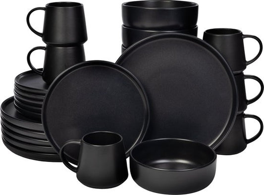 Deleca Serviesset 6 Persoons Kyoto - Koffiekopjes met oor / Schaaltjes / Grote Borden en Kleine Bordenset - Japandi stijl - Massief Aardewerk - Mat Zwart / 24-delig