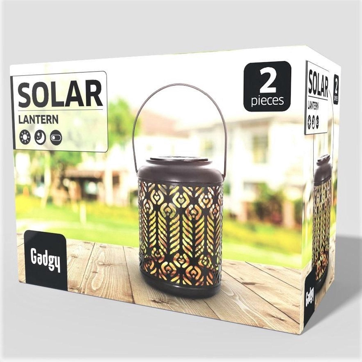 Gadgy Solar Lantaarn Pauw - Tafellamp Set van 2 - Solar Tuinverlichting op Zonneenergie - Led Buitenverlichting met dag/nacht Sensor - Hanglamp - Tuinlantaarn - 27 x Ø 12.5 cm - Zwart/Goud - Metaal