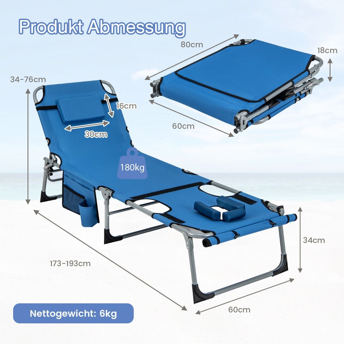 Coast Opvouwbare Ligstoel - met gezichtsopening en verstelbare rugleuning - marineblauw