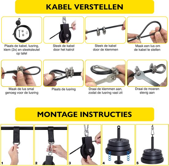 Zoluko Home Fitness Kabelsysteem 23-delige set - Incl. E-book - Krachtstation voor Thuis Sporten - Incl. Triceps Touw, Biceps Stang en Handgrepen - 100kg Draagkracht - Eenvoudige Bevestiging - Krachttraining - Lat Pulley - Home Gym - Zwart/Zilver