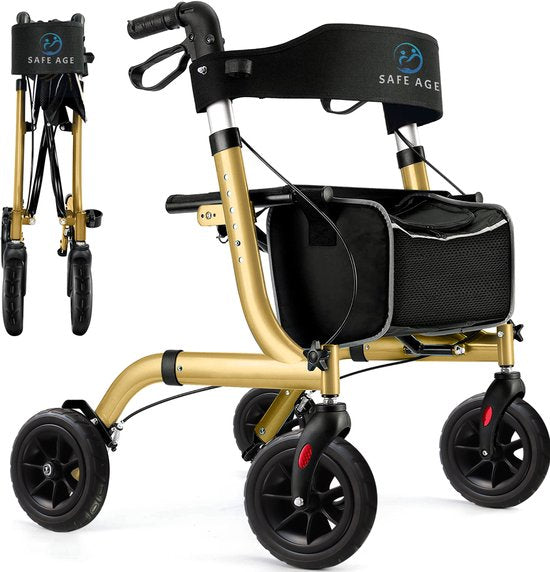 Safe Life® Rollator lichtgewicht en opvouwbaar - zitfunctie - voor binnen en buiten - Rugleuning en wandelstok houder - Goud