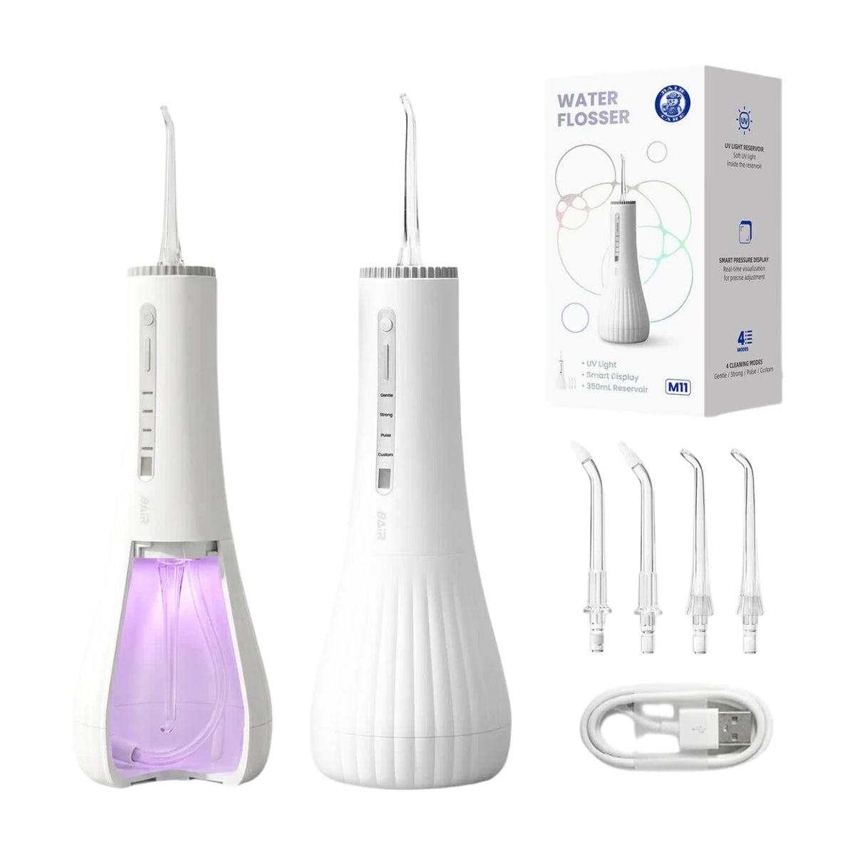Bair Care Waterflosser M11 - Wit - UV-sterilisatie - 360 ml Reservoir - 4 Standen - 3 Opzetstukken - IPX8 - USB-C