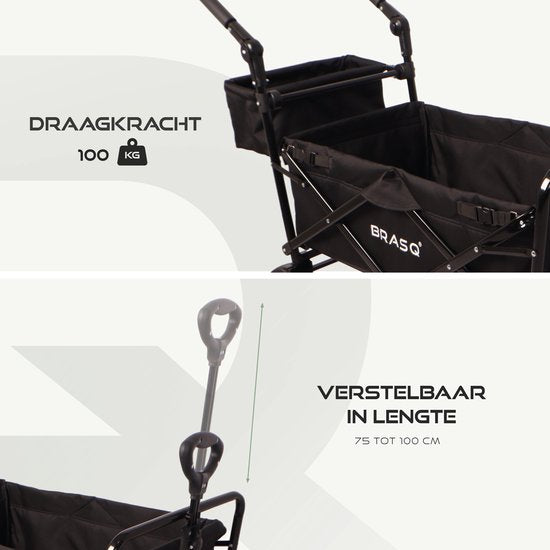 BRASQ Bolderkar Opvouwbaar Deluxe WC200 - 108L inhoud - Met duwstang - Lichtgewicht - Tot 100 kg draagvermogen - Inclusief 2 opbergtassen - Zwart