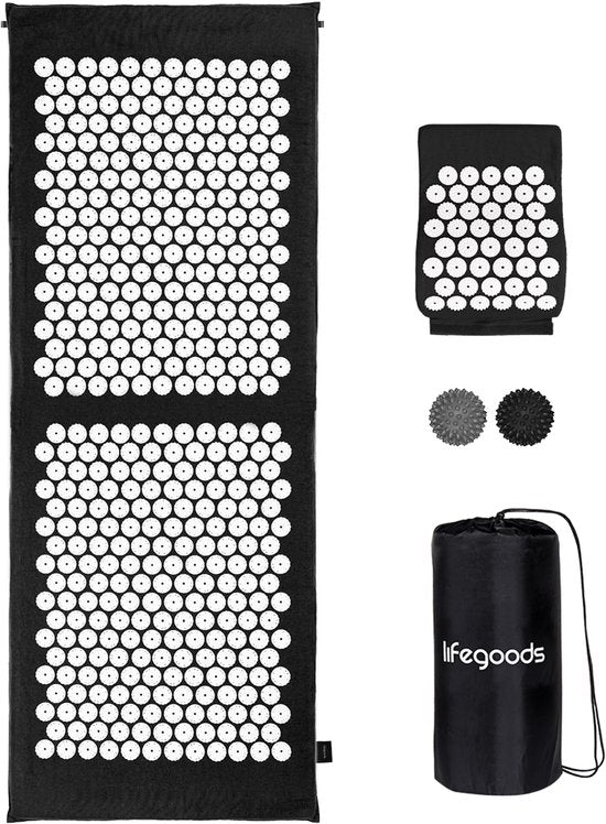 LifeGoods Acupressuur Mat XL - met Kussen - Shakti mat - Spijkermat Incl. 2x Triggerpoint Bal - 128x48x2cm - Zwart/Wit