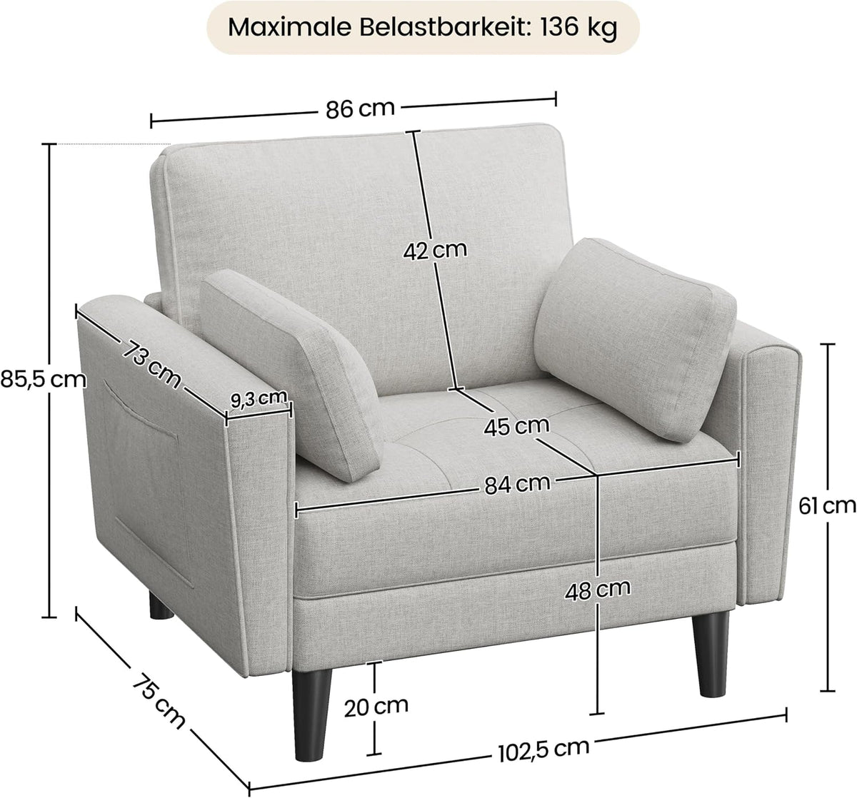 Yaheetech Loveseat Linnen Bank - Grijsbeige - 102,5 x 75 x 85,5 cm - Met 2 Kussens en Zijzakken