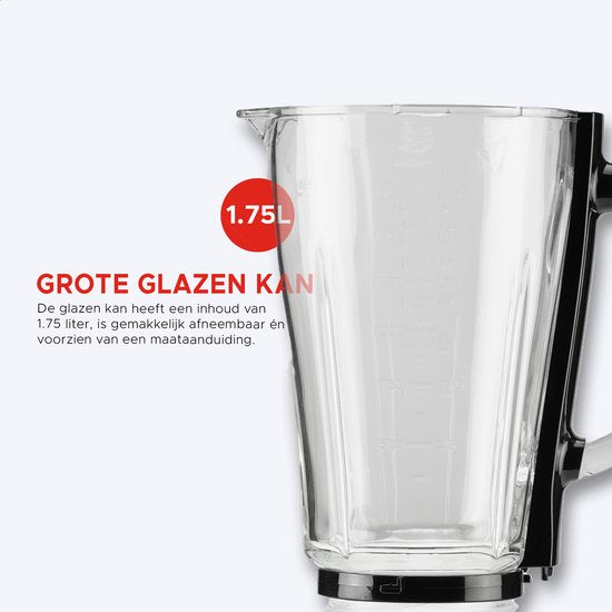 Bourgini PowerBlender - 1.75L - Blender to go met 700ml beker - Blender smoothie en ijscrusher - 1000 Watt - Zwart
