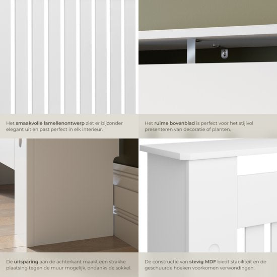 tectake® Radiatorombouw - Radiatorafdekking - Radiatorpaneel - Radiatoromkasting - Verwarmingsombouw - Lamellenontwerp, met plank - Div. afmetingen - 152,5x19x82cm - wit