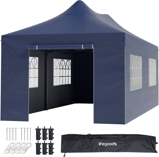LifeGoods Partytent - Paviljoen - EasyUp - Opvouwbaar - 4 Zijwanden - Waterdicht - Met Draagtas met wieltjes - 300 x 600 cm - Donkerblauw
