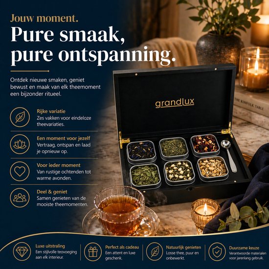 Grandlux Theedoos 6 vaks – Theedoos Losse Thee – RVS Lepel – 100% FSC Bamboe – 6 Theeblikken – Thee Organiser – Theebox – Zwart