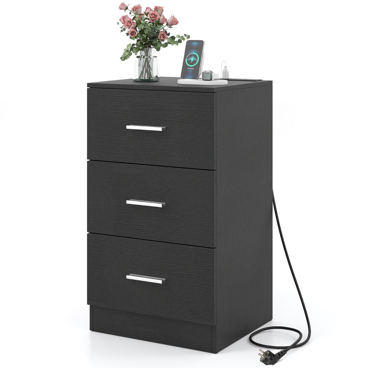 Coast Nachtkastje met Oplaadstation - 3 lades - Houtstructuur - Wit/Zwart - 38 x 35 x 66 cm