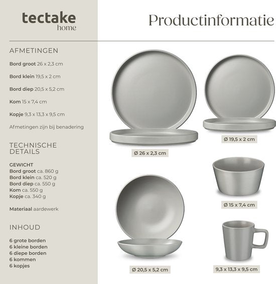 tectake® Serviesset Una - 30-delig - Aardewerk - 6 Persoons - Stijlvol en Duurzaam Servies - Bordenset met Grote en Kleine Borden, Kommen, Schaaltjes - Kopjes - Grijs