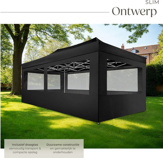 tectake® Vouwpaviljoen - Opvouwbaar en waterdicht - Tuinpaviljoen met 4 zijpanelen - Incl. haringen, scheerlijnen en tas - Terrasoverkapping, partytent - 6x3m - Zwart