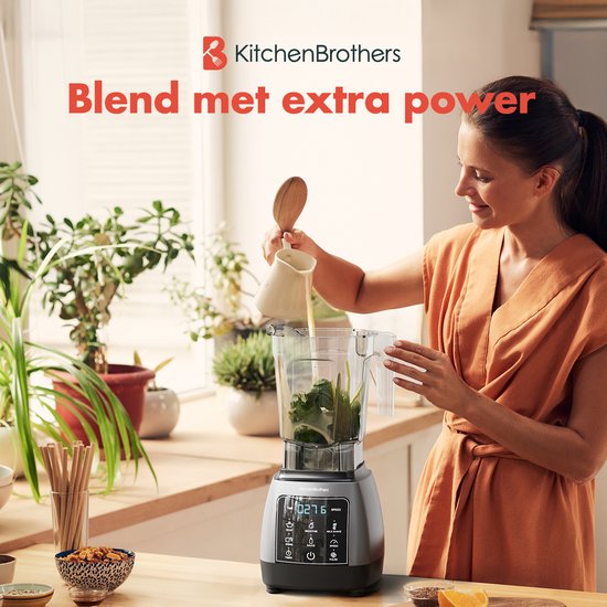 KitchenBrothers 2-in-1 Power Blender - 1600W - 2L - Complete Set met Hakmolen en To-go Beker - Smoothie Maker - IJscrusher - Metallic Grijs