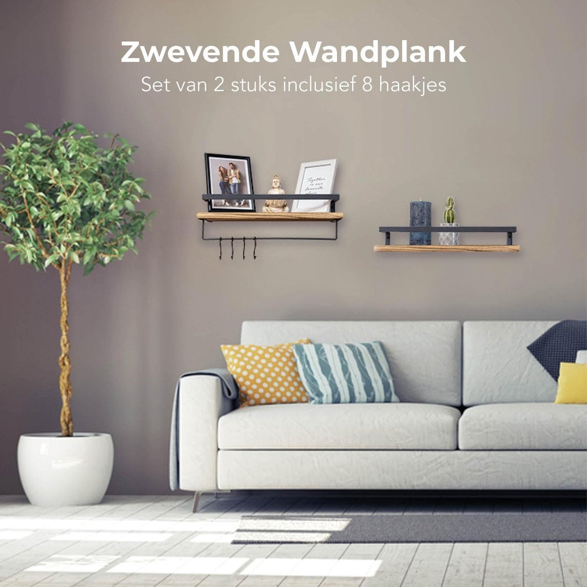 LifeGoods Zwevende Wandplank - 2 Stuks - 41cm - Handdoekhouder en 8 Haakjes - Industrieel - Hout - Bruin/Zwart