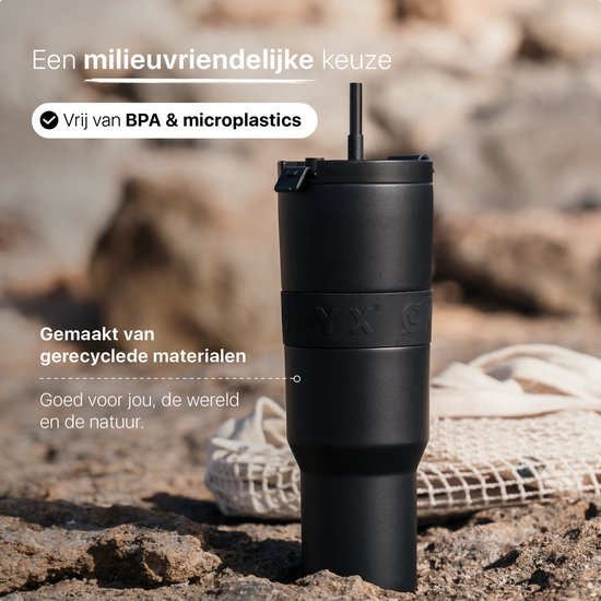 ONYX Drinkfles met Rietje 1 Liter - Waterfles voor Kinderen & Volwassenen - Thermosbeker RVS Travel Mug - Motiverende Drinkbus - Drinkbeker voor School - Onyx Black