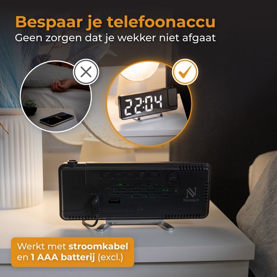Nuvance Digitale Wekker met Projectie - Digitale Klok Slaapkamer - Snooze Functie - Wekkers Digitaal - Alarmklok