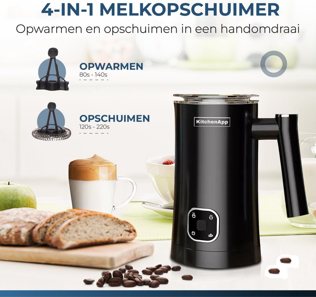 KitchenApp Melkopschuimer elektrisch - Schuimen en verwarmen - 4 in 1 - 350ML - Zwart