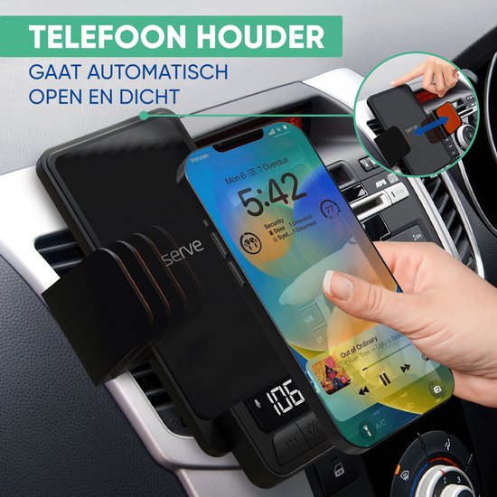 Serve 3in1 Bluetooth FM Transmitter, Telefoonhouder Auto & Draadloze Snellader 15W - Carkit voor Muziek - Telefoonhouders Auto Accessoires - Touchless Autolader - Ventilatie Houder