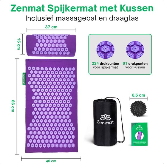 Zenmat Spijkermat met Kussen - Acupressuur Mat incl. Triggerpoint Massagebal en Draagtas - Shakti Massage - 66x40 cm - Paars