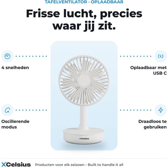 XCelsius® Tafelventilator Draadloos - Ventilator voor Bureau, Tafel en Werkplek - Oplaadbaar met USB-C - 4 Snelheden - Oscillerende Modus - Kantelbaar - Tijdens opladen gebruiken - Wit