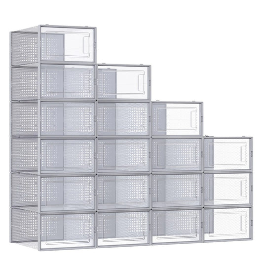 Joyfurnos Schoenenboxen Set van 18 - Transparant & Grijs - Stapelbaar - 33,3 x 23,1 x 14,3 cm per Box